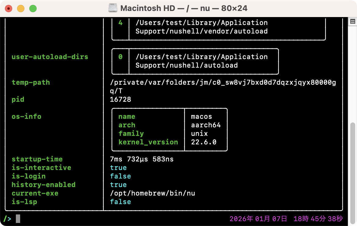 NuShellの各種設定状態を確認する