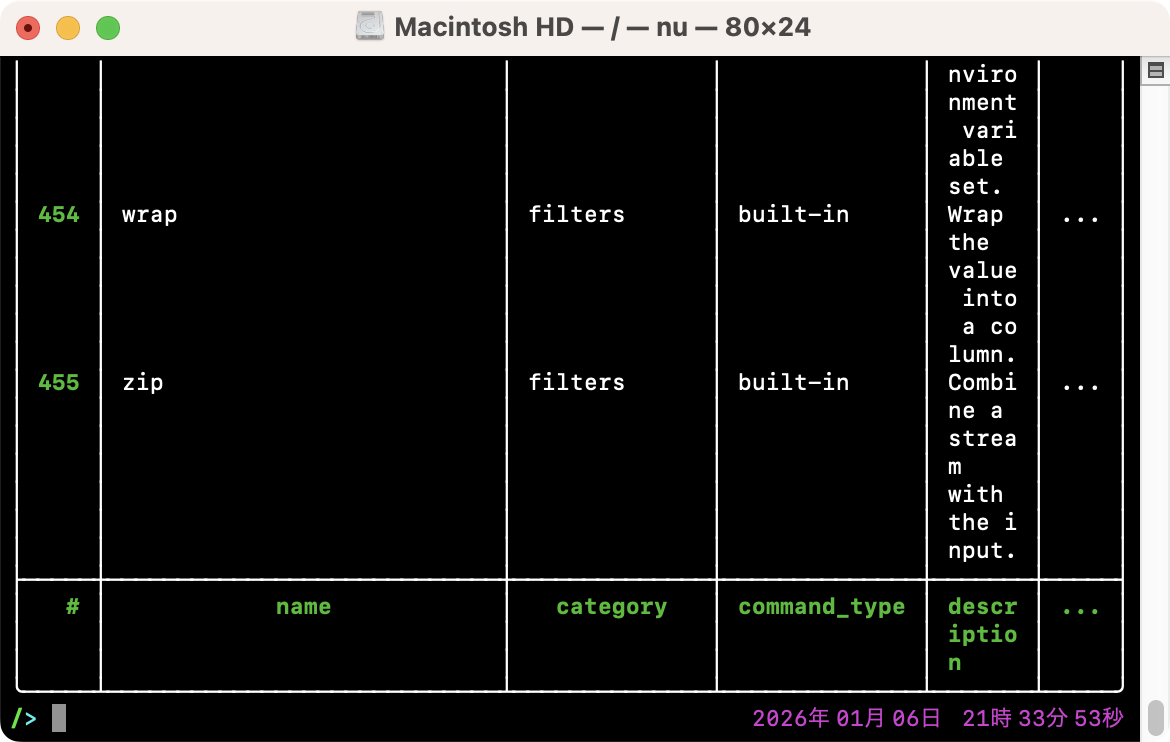 Nushellで使えるコマンド一覧を表示する