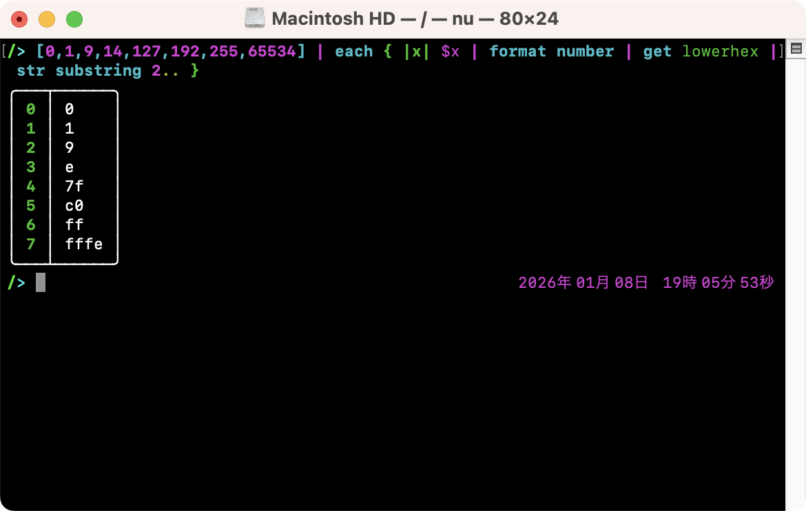 リスト内の値を16進数に変換する（プレフィックスなし）