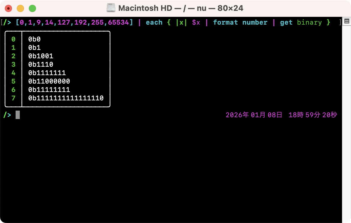 リスト内の値を2進数に変換する